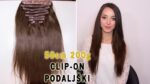 Slika prikazuje ženu s dugom smeđom kosom koja nosi clip-on ekstenzije od 58 cm i 200 g. Ekstenzije su prikazane u detalju s lijeve strane, dok je cijela frizura vidljiva s desne strane.