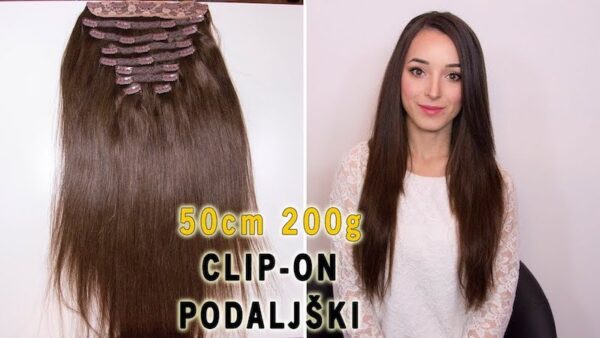 Slika prikazuje ženu s dugom smeđom kosom koja nosi clip-on ekstenzije od 58 cm i 200 g. Ekstenzije su prikazane u detalju s lijeve strane, dok je cijela frizura vidljiva s desne strane.