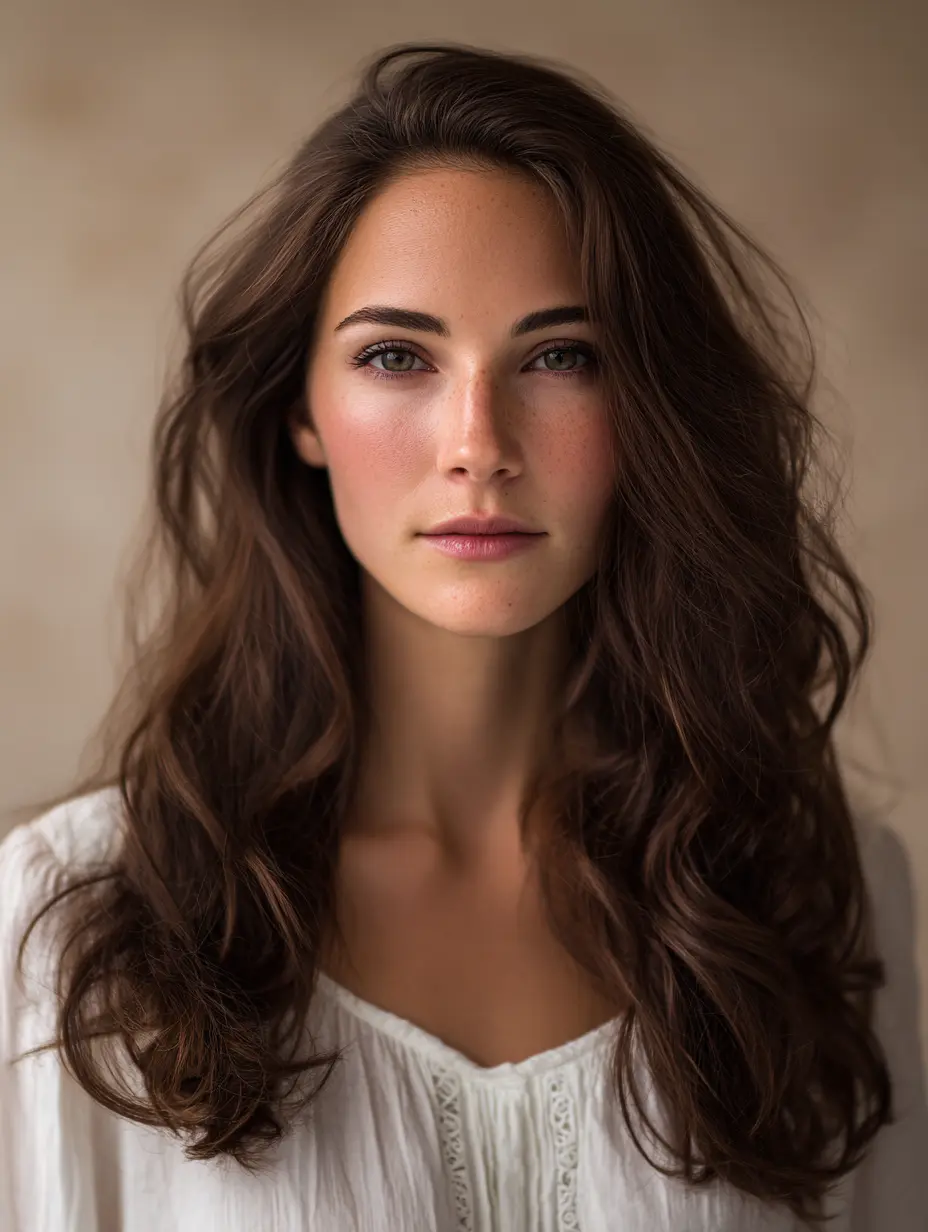 Žena s ovalnim licem i dugom valovitom kosom – primjer frizure prema obliku lica koja naglašava skladne proporcije.