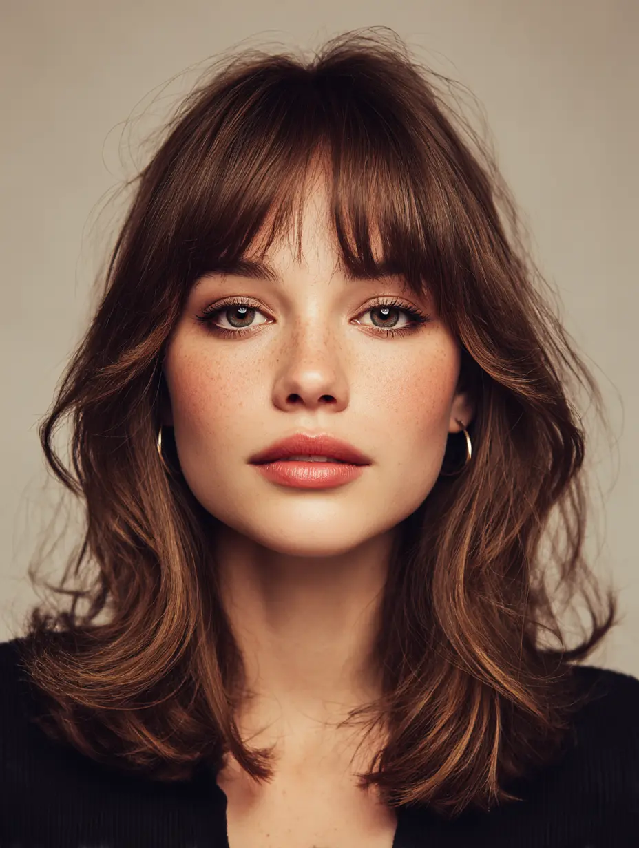 Žena sa srcolikim licem, curtain bangs šiškama i valovitom kosom – primjer frizure prema obliku lica koja uravnotežuje široko čelo i usku bradu.