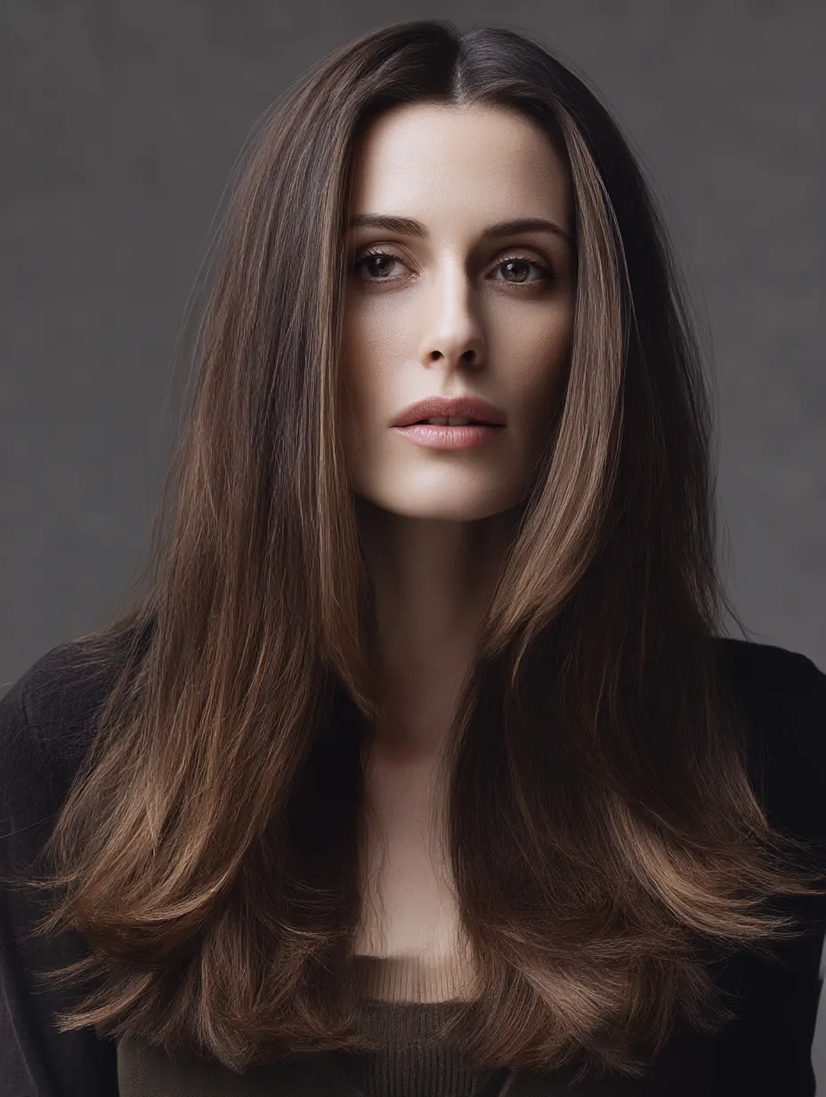 Žena s pravokutnim licem i dugom slojevitom frizurom koja vizualno skraćuje lice i omekšava crte.