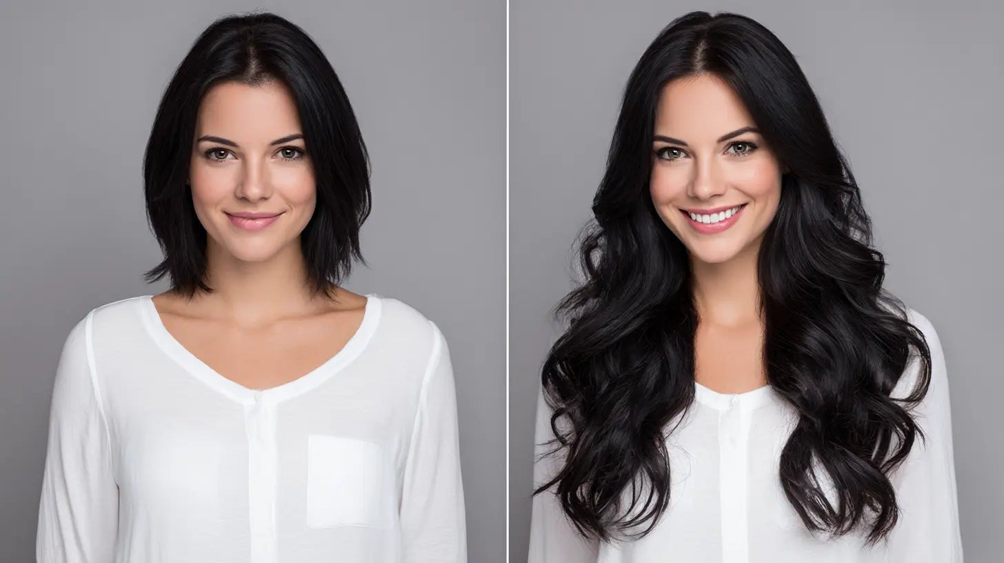 Prije i poslije korištenja ekstenzija na cesljice – žena s prirodno crnom kosom koja transformacijom dobiva dužu i gušću frizuru prema obliku lica.