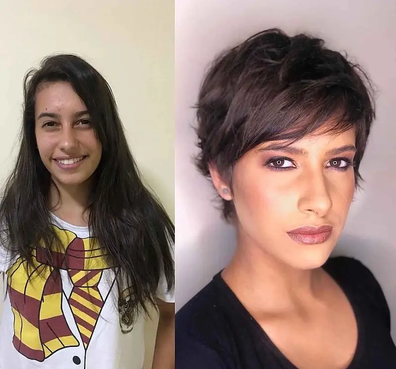 Shattered pixie frizura sa bočno počešljanim šiškama, idealna za ovalno lice"