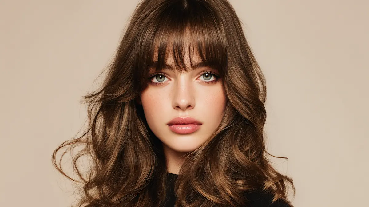 Žena s dijamantnim licem i dugim valovima sa zavjesa-šiškama koje ublažavaju crte i naglašavaju jagodice