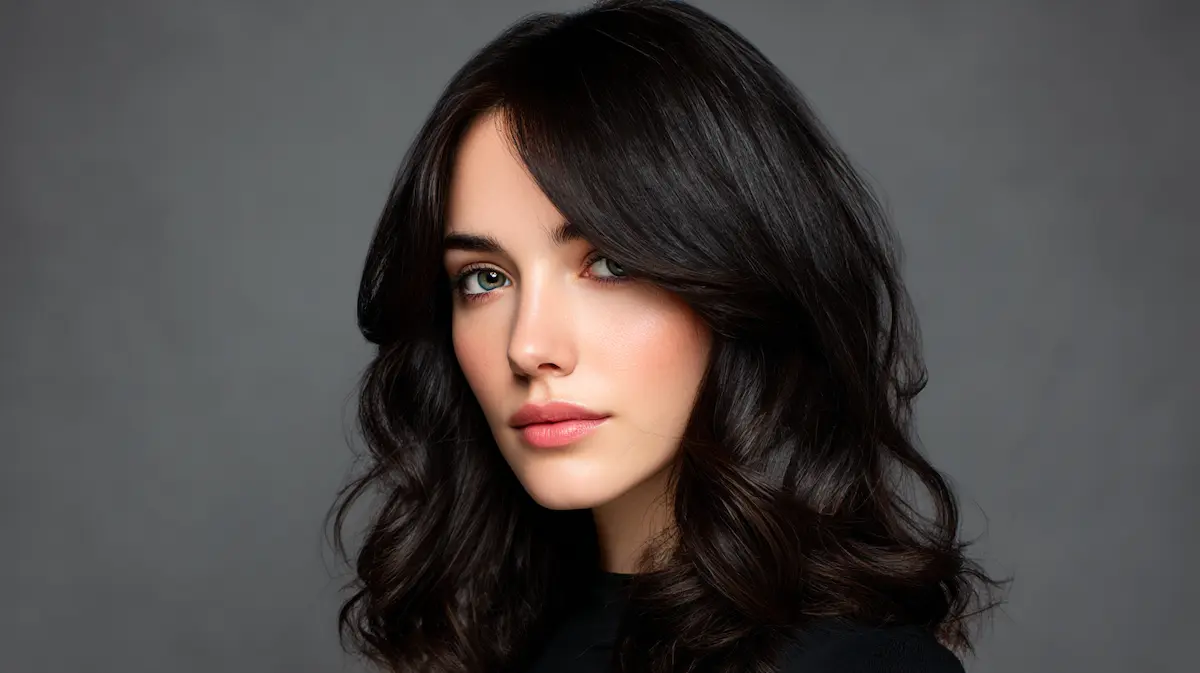 Žena s duguljastim licem i dugim slojevitim lobom s curtain šiškama, frizura koja uravnotežuje proporcije lica