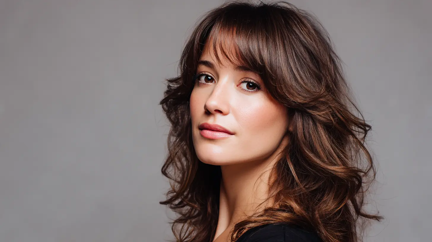 Žena s kvadratnim licem i dugim slojevima sa šiškama na stranu koje omekšavaju crte i izdužuju lice