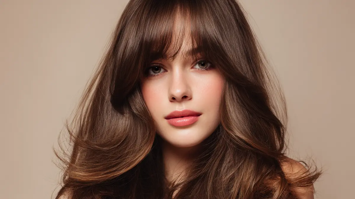 Žena sa srcolikim licem i dugom frizurom s curtain šiškama koje naglašavaju oči i uravnotežuju proporcije lica