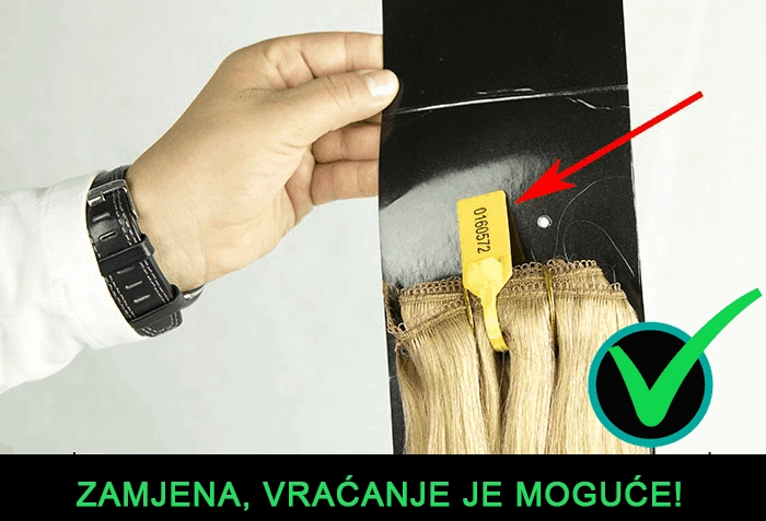 Ruka drži paket ekstenzija s originalnom plombom, uz oznaku da je zamjena i povrat moguć.