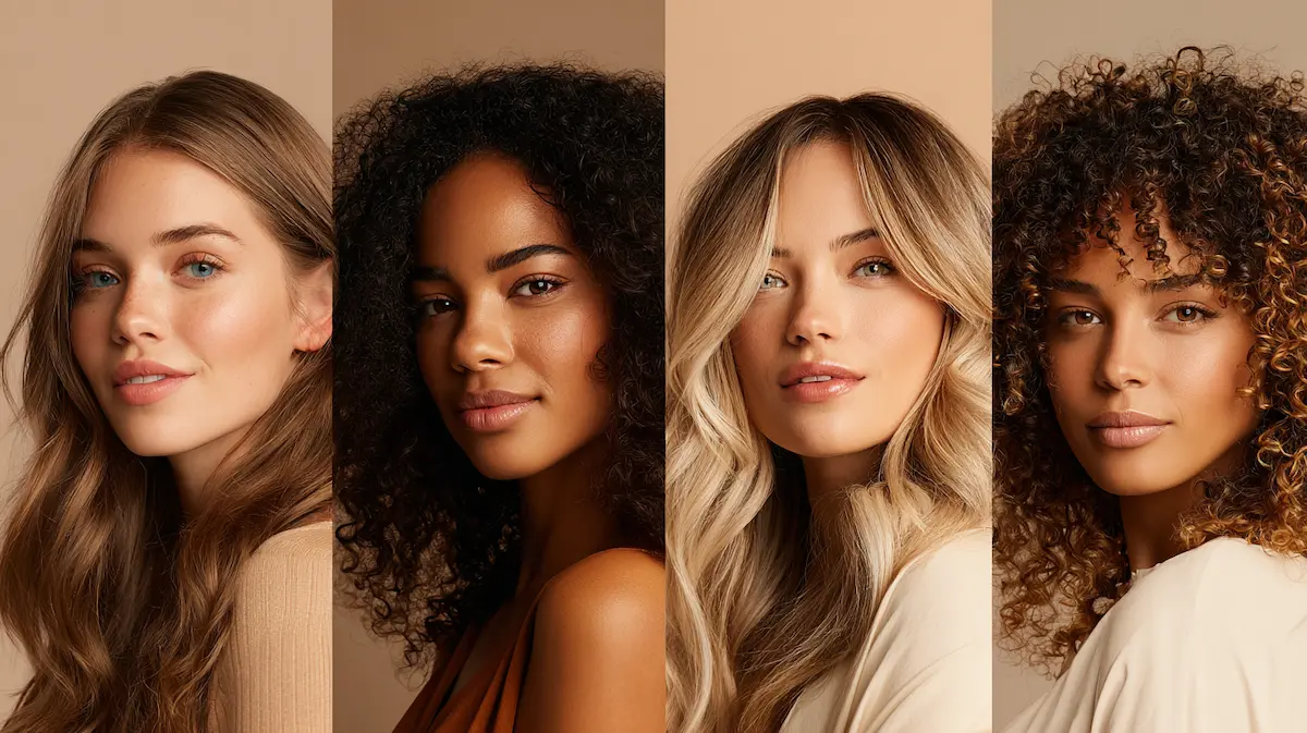 Žena s različitim tipovima kose – ravnom, valovitom, kovrčavom i gustom. Ilustracija prikazuje kako frizure izgledaju ovisno o strukturi i teksturi kose.