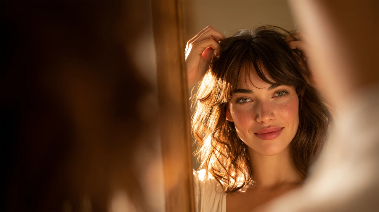 Model s pravokutnim licem nosi slojevitu frizuru s valovima koja ublažava crte i naglašava ženstvenost.