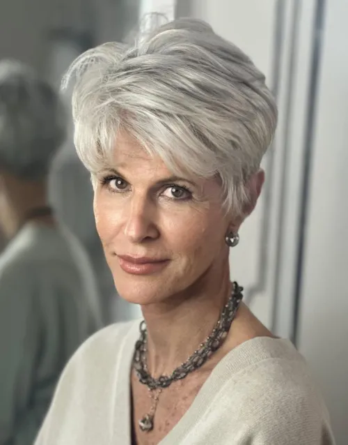 kratka srebrna pixie frizura za starije žene