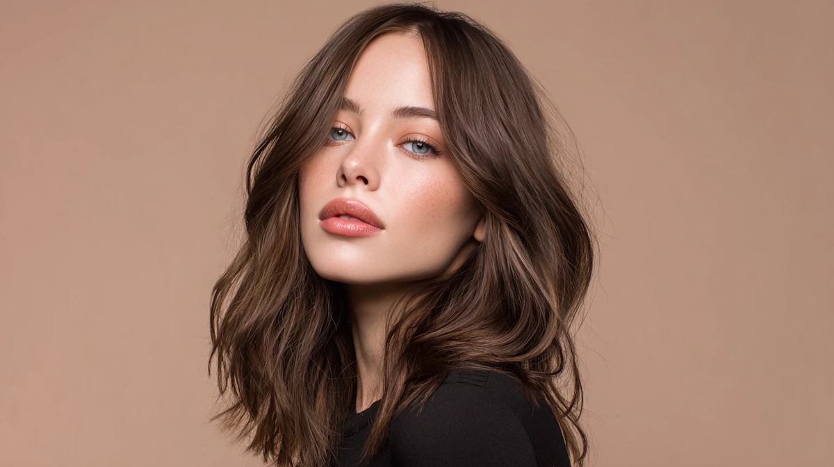 Model s tankom kosom pokazuje elegantnu frizuru srednje duljine s volumenom i pokretom.