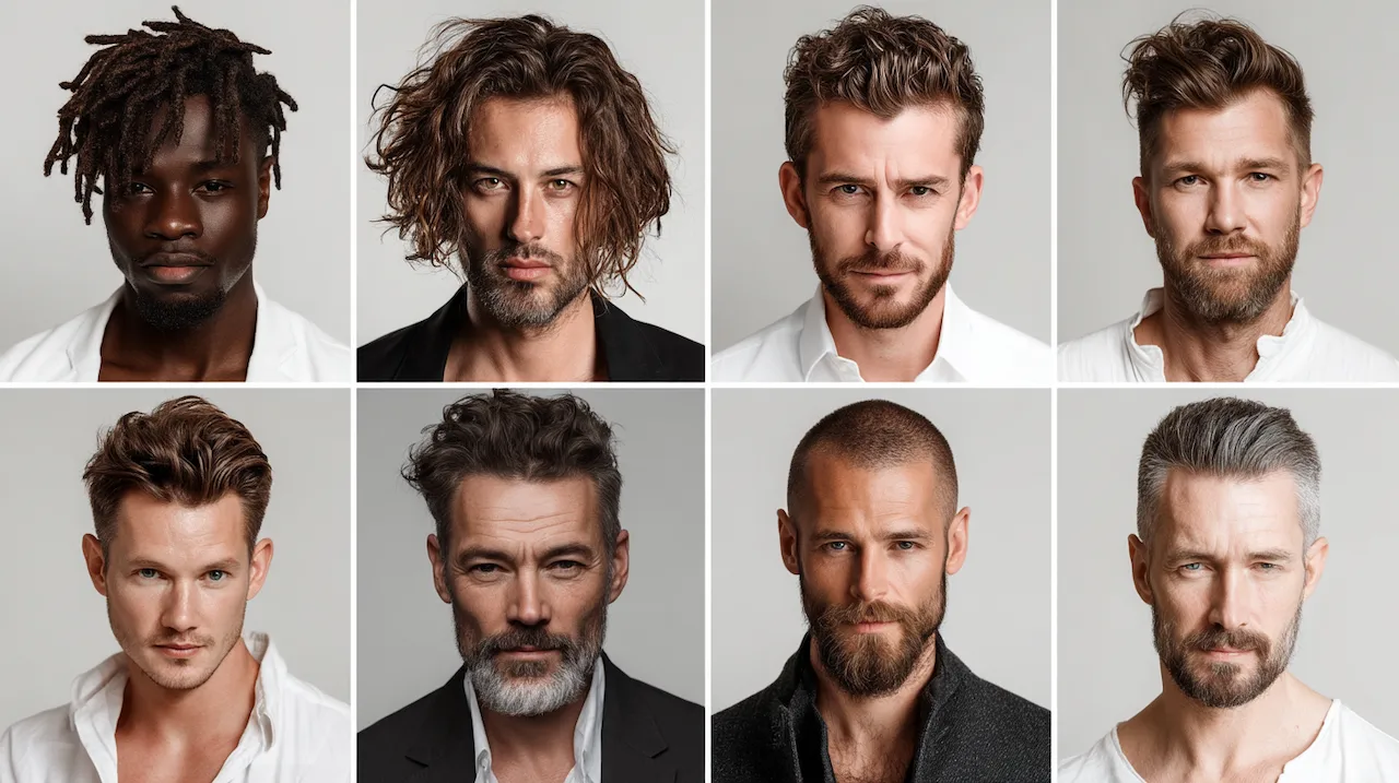 Muške frizure prema obliku lica prikazane kroz različite stilove za okruglo, ovalno, kvadratno i srcoliko lice.