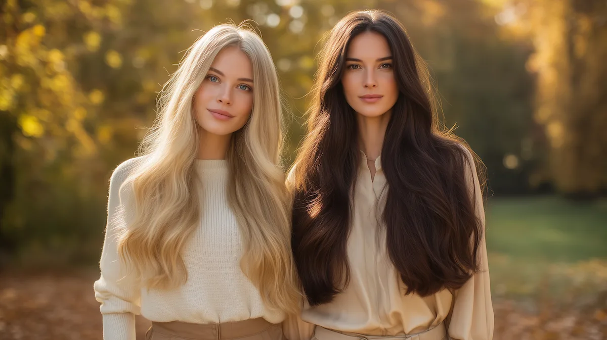 Dvije žene s dugom, mekom kosom u toplim jesenskim tonovima koje predstavljaju prirodnu ljepotu ekstenzija na češljiće