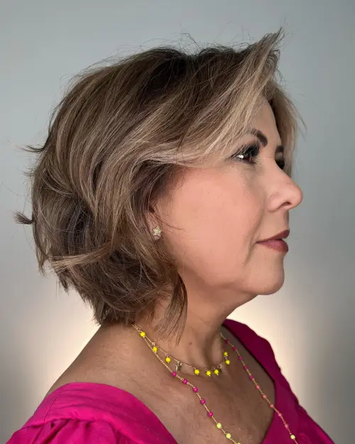 Pernati smeđi bob koji stvara meke linije i daje prirodan, pomlađujući izgled licu.